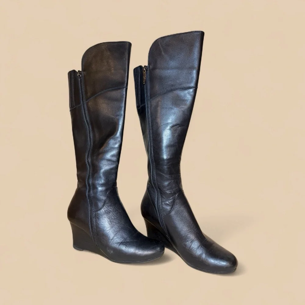 Sleek Black Leather‎ Over the Knee Wedge Boots